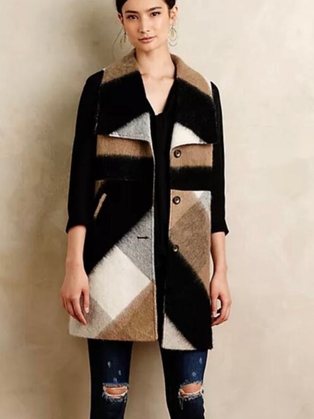 Anthropologie Elevenses Black Brown Buffalo Plaid Wool Blend Long Faux Fur Vest